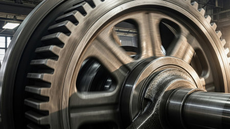Close-up of a gear wheel in a factory. Industrial background