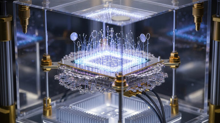 3D rendering of a hologram of a microcircuit on a white background