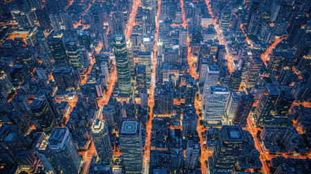Aerial view of skyscrapers at night in Shanghai, Chinaの写真素材