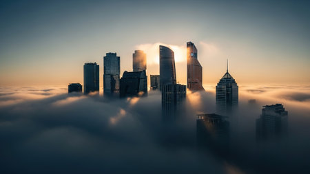 Aerial view of skyscrapers in the fog at sunrise.の写真素材
