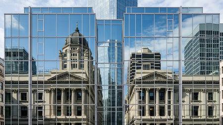 Reflection of buildings in the glass wall.