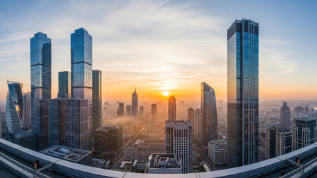 Shanghai business district skyscrapers at sunrise,China.
