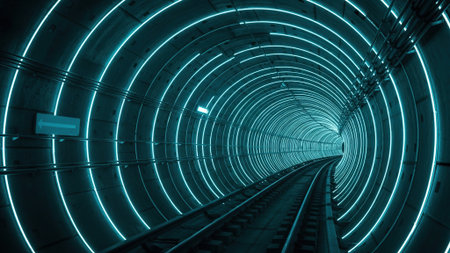 Futuristic tunnel with blue neon lights. 3D Renderingの写真素材