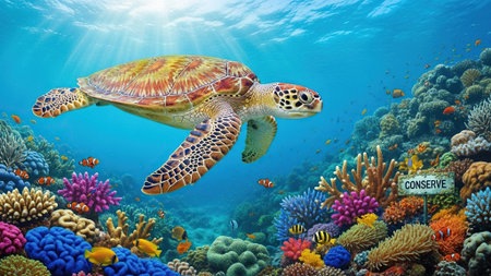 Green sea turtle swimming in the coral reef of the Red Sea.の写真素材
