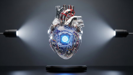 Digital illustration of a human heart with an electric motor. 3D renderingの写真素材