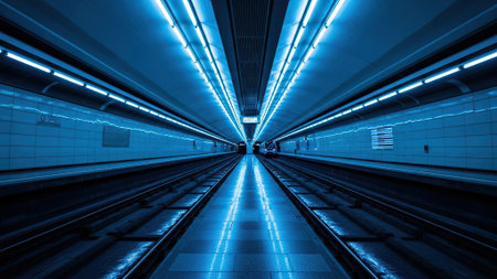 abstract of moving train in subway station,blue color tonedの写真素材