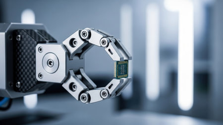 Robotic hand holding a microchip in the factory. 3d renderingの写真素材