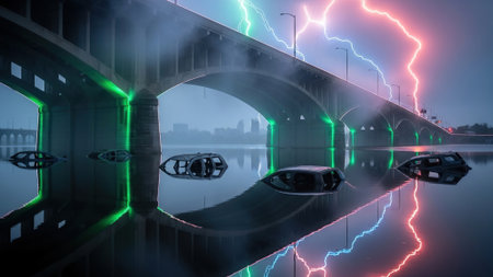 Futuristic car driving on the bridge over the river at night with lightningの写真素材