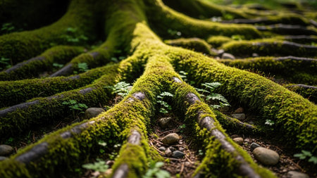 Tree roots covered with green moss in the rainforest, close up