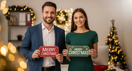 happy couple with christmas greetings card in living room at homeの写真素材
