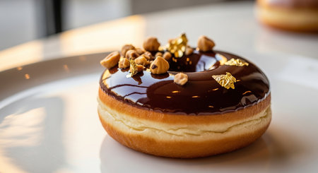 donut with chocolate glaze and nuts on a white plate.の写真素材