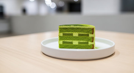 Green tea cake on the table in the coffee shop, stock photoの写真素材