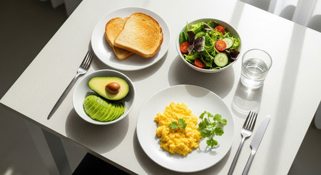 Healthy breakfast set with scrambled eggs, avocado, salad and toastの写真素材