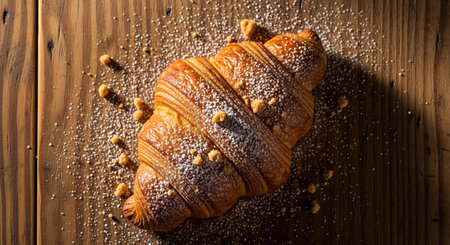 Freshly baked croissant with raisins on wooden tableの写真素材