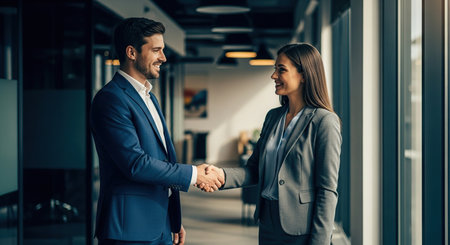 Beautiful businesswoman and businessman are shaking hands and smiling while standing in officeの写真素材