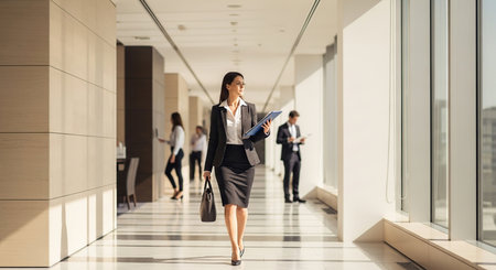 Portrait of young businesswoman walking in corridor of modern office buildingの写真素材