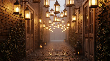 Night alley with lanterns. 3D illustration. Vintage style.の写真素材