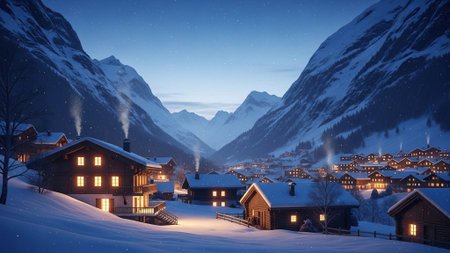 Alpine village at night, Switzerlandの写真素材