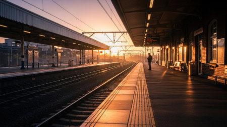 Train station in the early morning with a silhouette of a man in the foregroundの写真素材