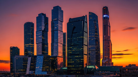 Skyscrapers of Moscow business center at sunset, Russia.の写真素材