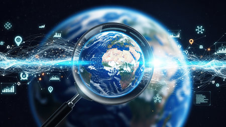 View of a Planet earth globe surrounded by technology interface - 3d renderingの写真素材