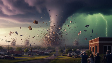 Image of tornado in the sky with flying papers and people on backgroundの写真素材