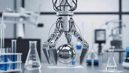3d rendering robotic arm with test tubes and lab glassware in laboratoryの写真素材