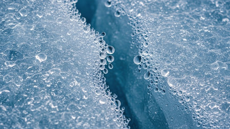 Close-up of water drops on ice. Blue toned.