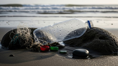 Plastic bottle on the beach. Concept of environmental pollution and recycling.