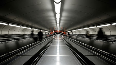 Escalator in a metro station, motion blur. 3d rendering