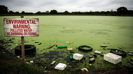 Environmental warning sign on a flooded lake with garbage and plastic waste.