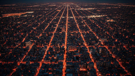 Aerial view of a city at night with light trails.