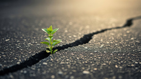 Green sprout growing through crack in asphalt road. Concept of new life.