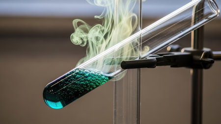 Chemical test tube with green liquid and smoke in the laboratory.