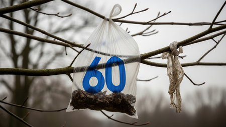 A plastic bag hangs on a tree branch with the number 60.