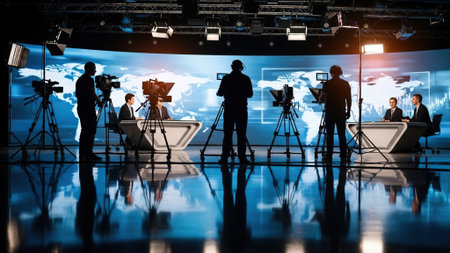 Media interview concept. Silhouettes of journalists and cameraman on the background of the TV screen.の写真素材