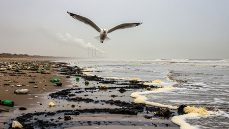 Seagull Flying Over Polluted Coastline with Plastic Wasteの写真素材