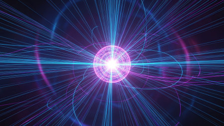 abstract 3d illustration of blue and pink energy ball with rays