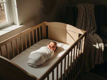 Cute newborn baby boy sleeping in crib at home. Newborn child sleeping in cot.の写真素材