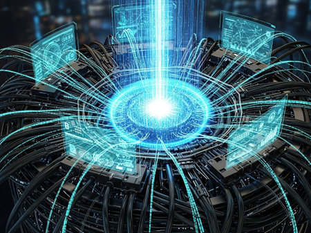 3D rendering of abstract digital technology concept with circuit board and lights