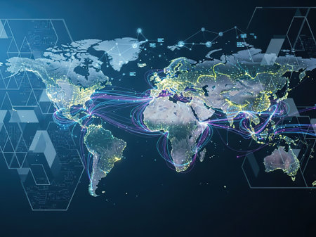 World map and glowing lines on dark background. Global business concept. 3D Rendering