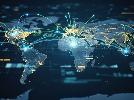 World map and glowing connections on dark background. Global business concept. 3D Renderingの写真素材