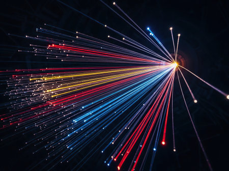 Fiber optics background image with lots of light rays and optical fibersの写真素材