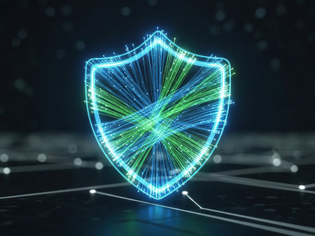 3d rendering cyber security concept with shield and binary code on dark background