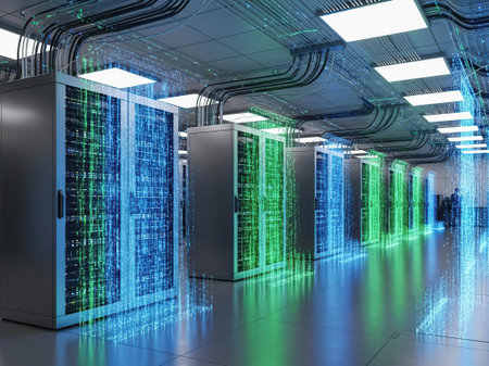 server room data center with hard drives and binary code 3d rendering
