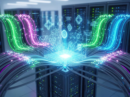 Glowing data center with lines and icons 3d rendering toned image
