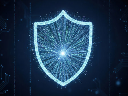 Glowing cyber security shield on dark blue background. 3D Rendering