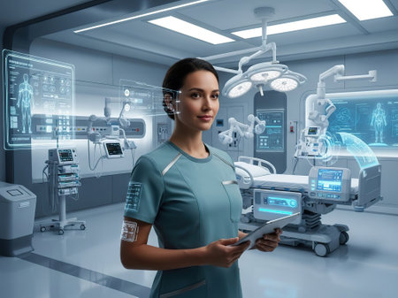 Young woman doctor using tablet pc in modern operating room. 3D renderingの写真素材