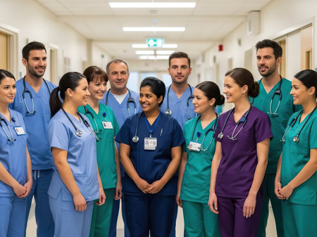 group of medics or doctors standing in hospital corridor smiling at camera