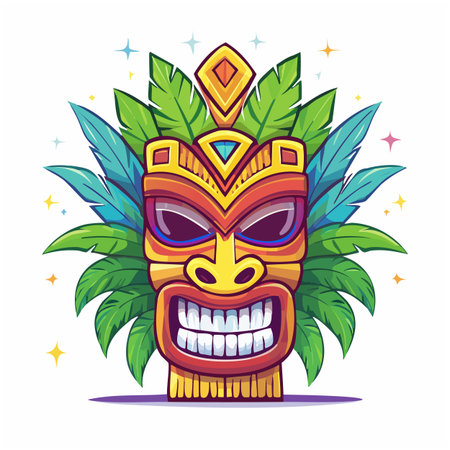 Vibrant tiki mask with colorful feathers and sparklesのイラスト素材